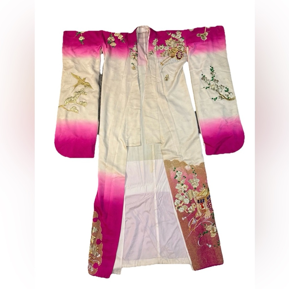 Vintage Showa Era Japanese Bridal Kakeshita Kimono Pink W/Gold Embroidery + Obi